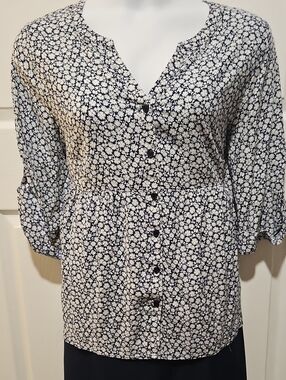 Cynthia Rowley Navy and White Floral Button-Front Blouse